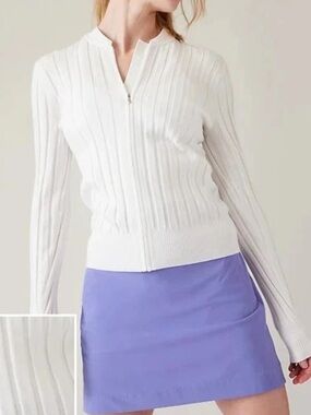 ATHLETA Fairway Sweater White Golf Tennis Sweater Cardigan White Ribbed ZipFront